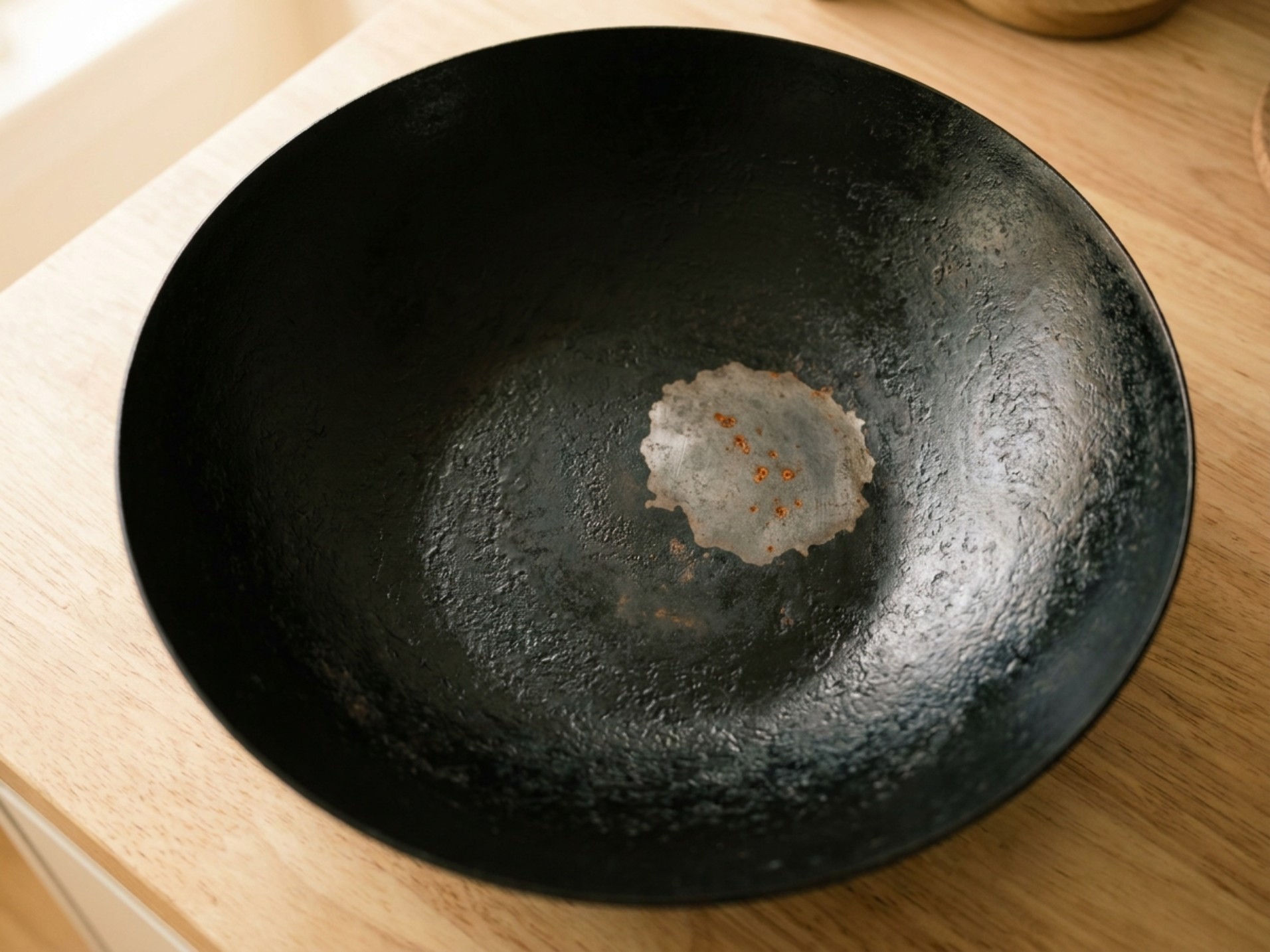 Stripped seasoning patch on a carbon steel wok showing bare metal and early rust spots