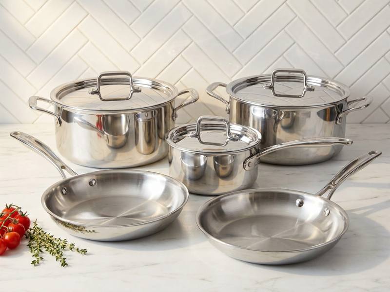 Overhead view of a multi-ply stainless steel cookware set arranged on a marble kitchen counter
