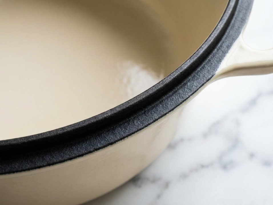 Close view of a dutch oven rim showing the dark matte edge where the lid contacts the base