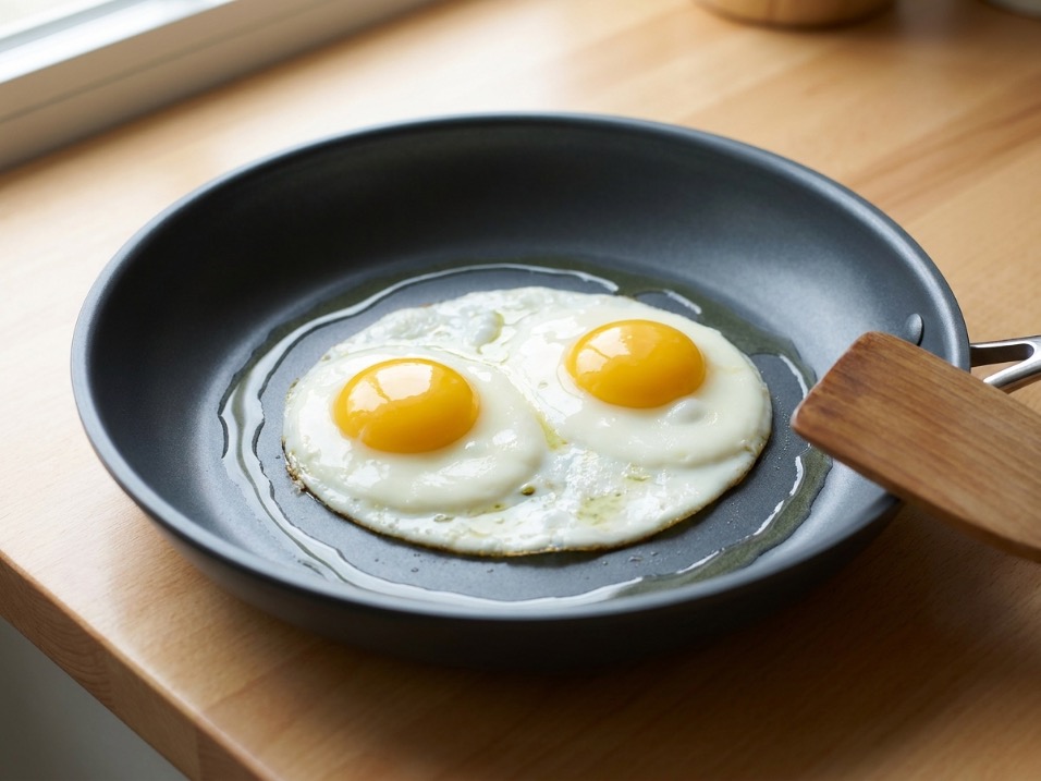 Two fried eggs releasing cleanly in a dark matte carbon steel frying pan
