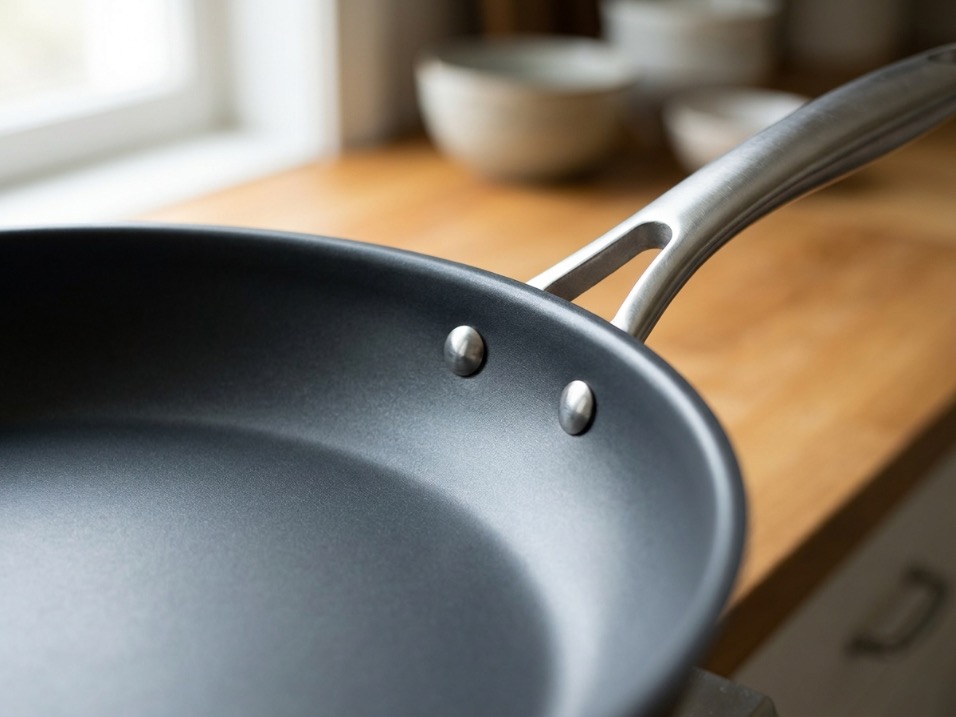 Close angle on the riveted handle of a dark matte carbon steel frying pan