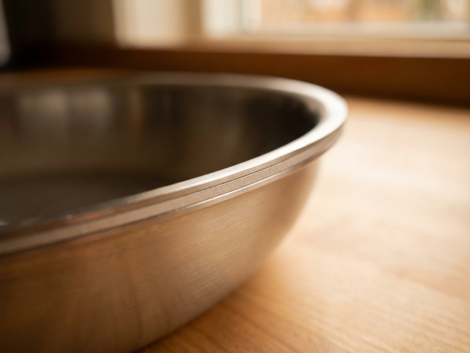 Close-up angled view of a stainless steel pan rim showing the bonded layered edge of fully-clad construction