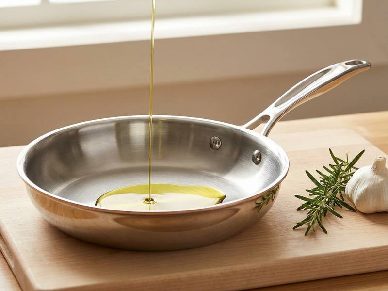 Stainless steel frying pan with olive oil on a wood cutting board