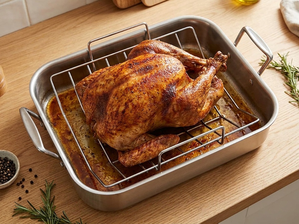 Stainless steel roasting pan with wire rack holding a browned turkey, drippings visible in the base