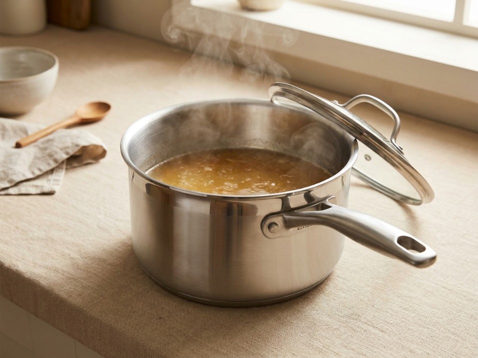 Stainless steel saucepan with a glass lid tilted open, simmering broth with steam rising