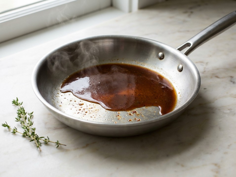 Stainless steel skillet with a thin pool of reduced pan sauce, steam rising, beside fresh thyme