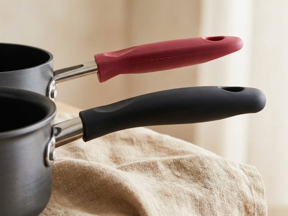 Two saucepan handles compared showing red silicone versus black silicone grip design on linen cloth