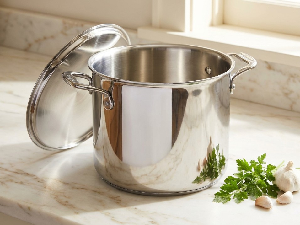 Polished stainless steel stock pot with lid removed showing interior depth, parsley and garlic on marble counter