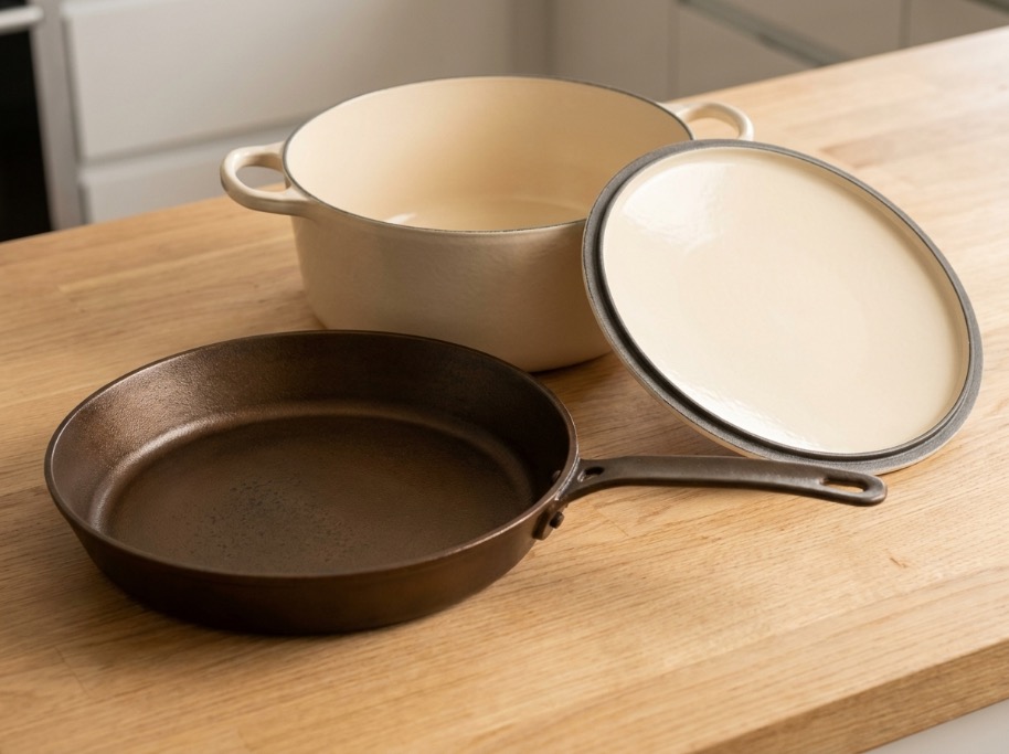 Bare cast iron skillet next to an open enameled cast iron dutch oven with a cream interior on a wood countertop
