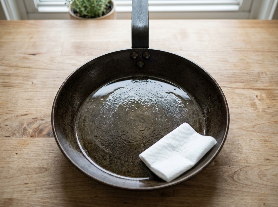 Cast iron skillet from above with a thin oil layer on the cooking surface and a paper towel resting on the rim