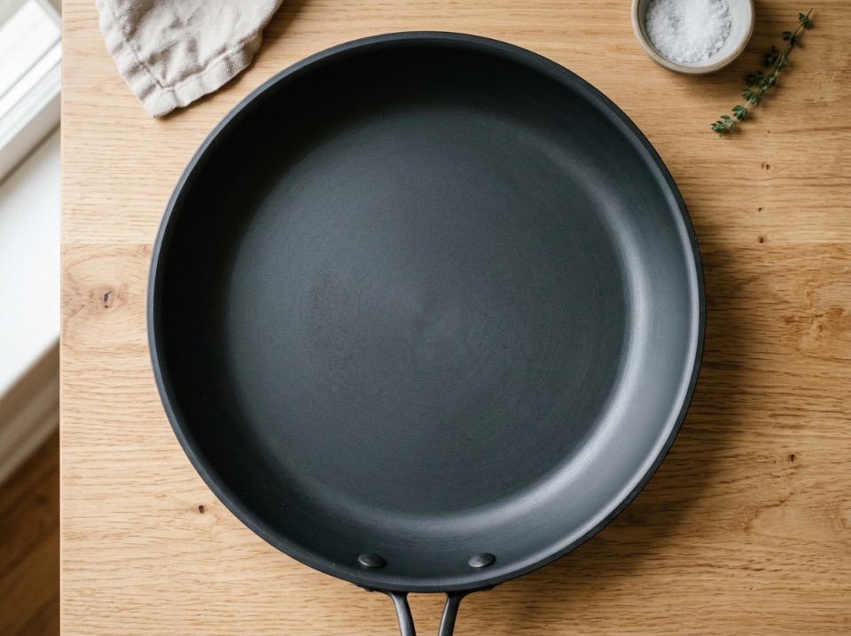 Dark hard-anodized skillet with a matte charcoal interior surface and thick reinforced rim