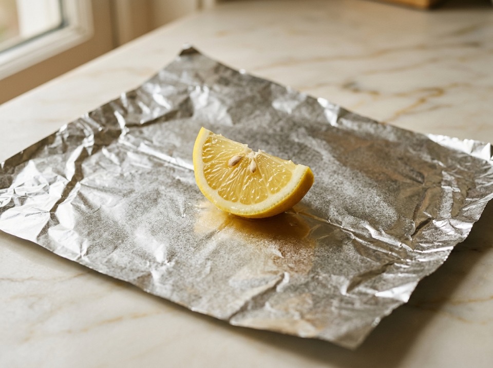 Sheet of aluminum foil with a single lemon wedge resting on its surface, close-up texture detail