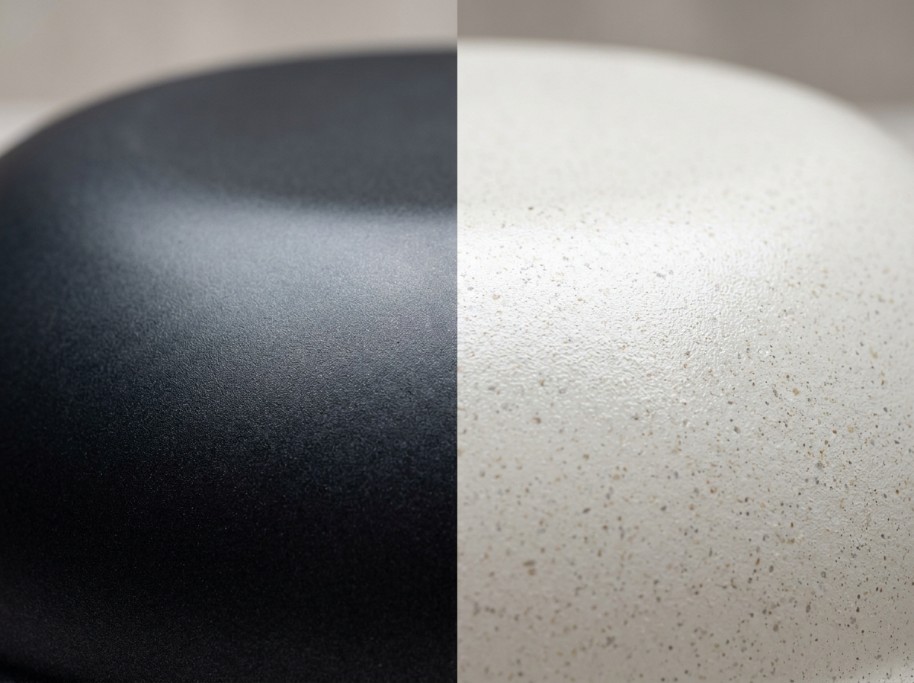 Macro close-up comparing a dark matte PTFE coating texture to a speckled ceramic coating texture