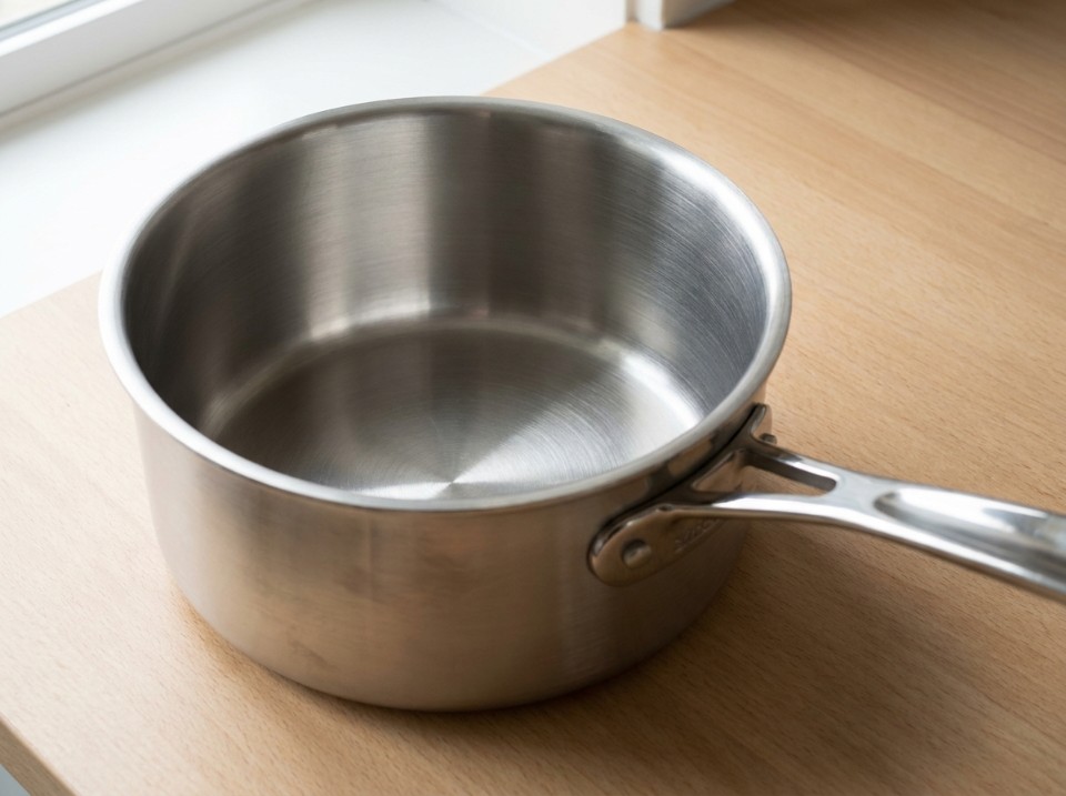 Close-up of a saucepan's interior showing the sharp right-angle corner where wall meets base