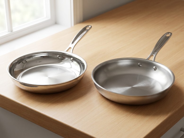 Two stainless steel frying pans side by side on a wood countertop, one polished mirror-finish and one satin brushed-finish