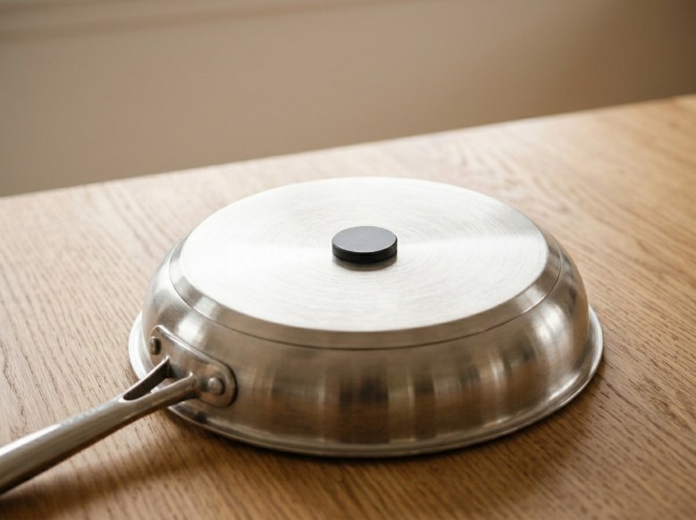 A stainless steel pan turned upside down on a wood countertop with a round magnet stuck to the center of its flat base