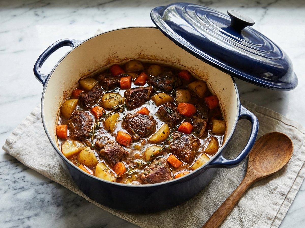 Open enameled Dutch oven filled with a beef and vegetable braise