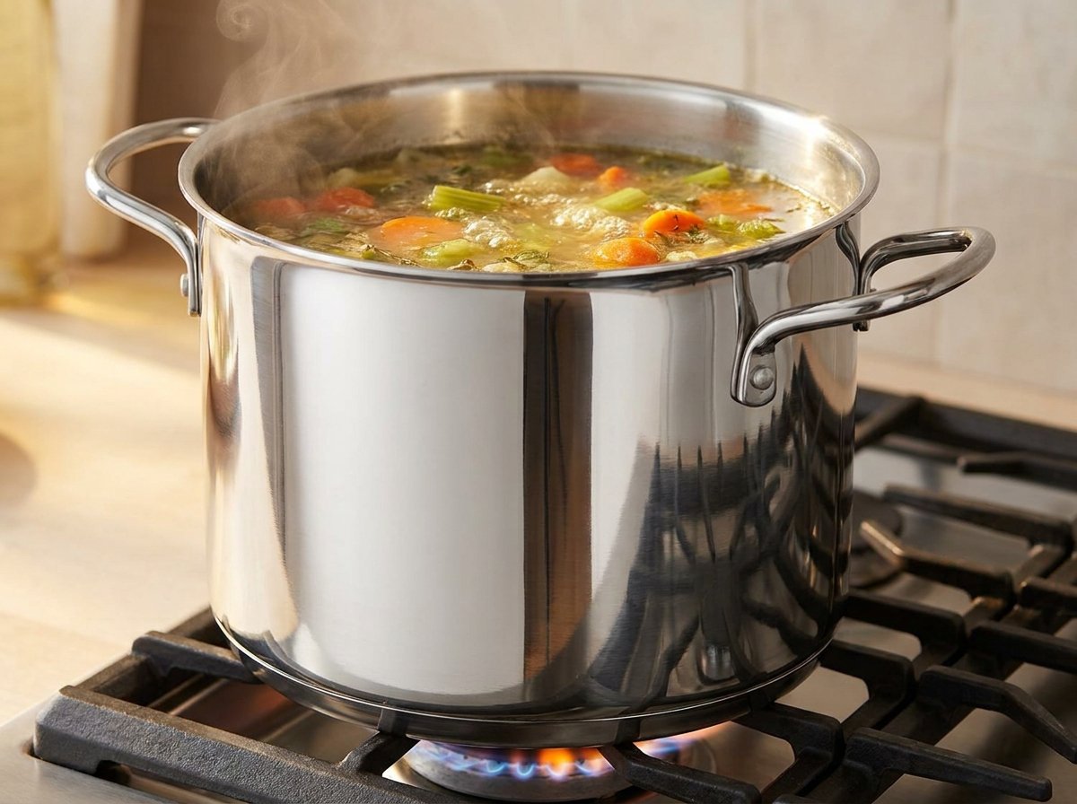 Stainless steel stock pot of steaming vegetable soup on a gas burner